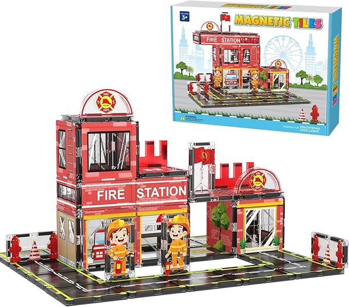 Magnetic Tiles, 50PCS Fire Station Theme Building Blocks Set, Magnet Building Blocks and STEM Preschool Toys for Toddlers Kids Ages 3-5 5-7 8-10