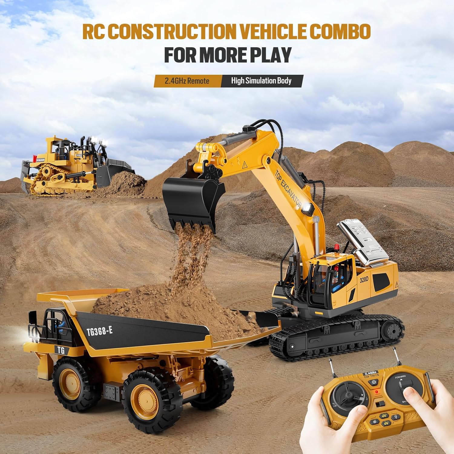 Remote Control Excavator Construction Toys for Boys, 2×1200mAh RC Construction Truck with Metal Shovel & Light, 11CH Excavator Toys for Boys 3-5 4-7 8-12 Year Old Kids Christmas Birthday Gift,120+Mins
