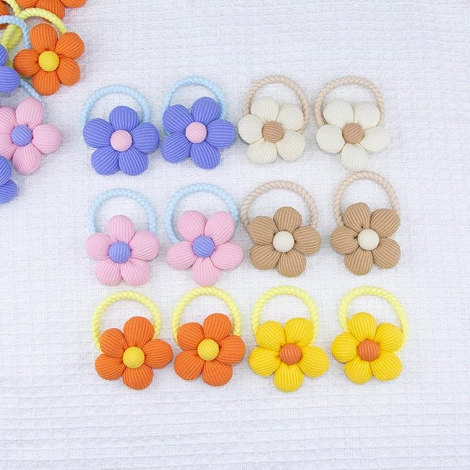12-Pack Playful Sunflower Hair Ties For Kids Colorful Braided Elastics With 3D Floral Design Girls' Hair Bows (6 Vibrant Color Sets)