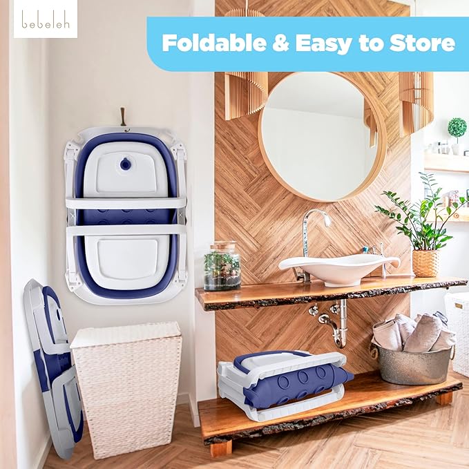 BEBELEH™ Collapsible Baby Bathtub with Thermometer – Bathtub + Baby tub Sling + Newborn Sling – Baby Bathtub Newborn to Toddler 0-24 Months – The Ultimate Baby Bath tub! (with Thermometer,Blue)