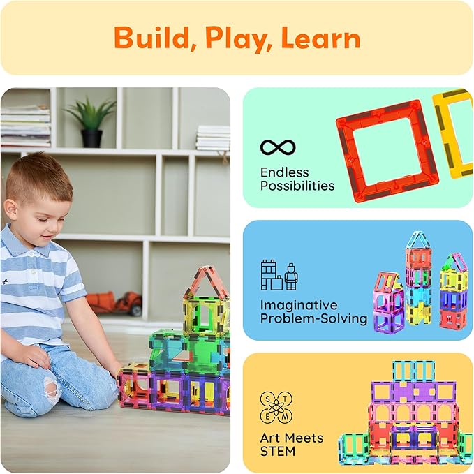 PicassoTiles 42pcs Magnetic Tiles Magnet Blocks See-Through Shape STEM Toys Building Block Educational Playset Compatible with Major Brand Tile -Starter Set for Boys and Girls Toddlers Ages 3+ PT42