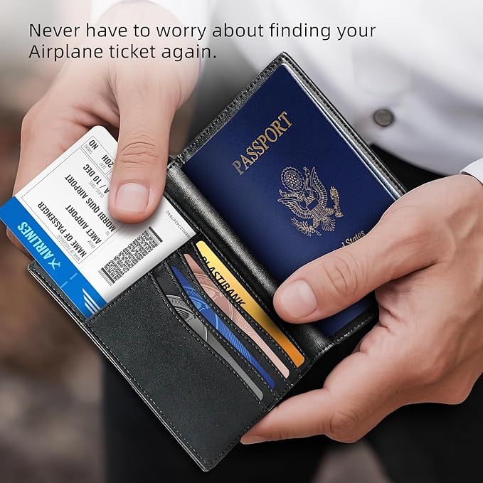 Passport Wallet With Airtag for Travel, Leather Passport Holder for Men and Women, RFID Blocking Bifold Passport Cover With Credit Card Holder (Black)