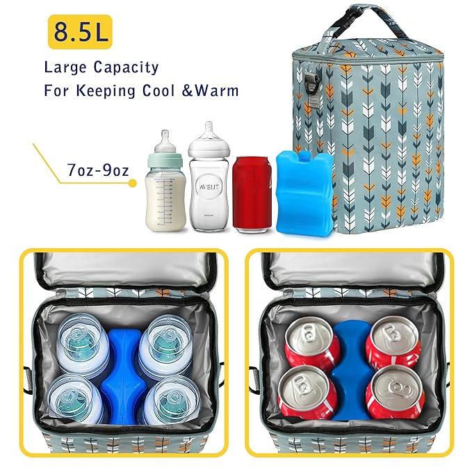 Breastmilk Cooler Bag with Ice Pack Fits 4 Baby Bottles Up to 9 Ounce Insulated Baby Bottle Bag Breast Milk Cooler on The Go with Strap Baby Bottle Cooler Bag for Nursing Mom Daycare or Travel