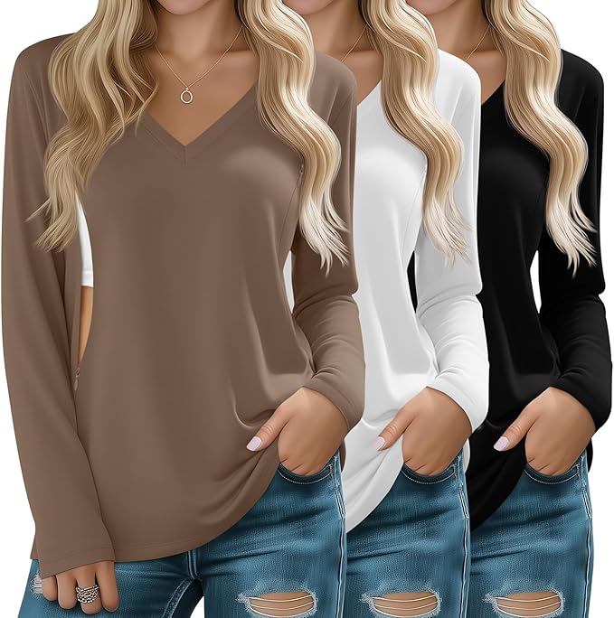 Huukeay 3 Pack Women's Long Sleeve Nursing Tops, Breastfeeding Hidden Zippers Shirts V Neck Maternity Pregnancy Tees Clothes