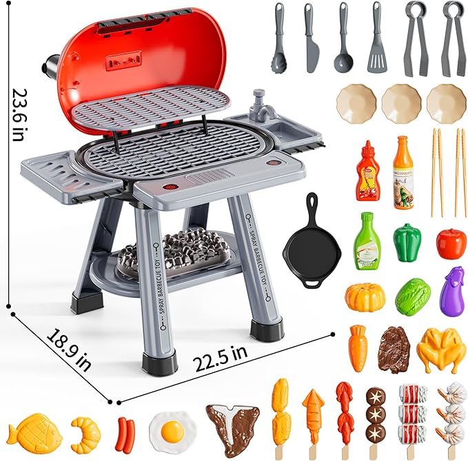 Kids Kitchen Toy Set, Kids BBQ Grill Kitchen Playset with Smoke, Sound & Light, 2-Layer Barbecue Indoor Outdoor Play Grill Toy Gift for Toddler Girl Boy Toy 3 4 5 6 7 8 Year Old