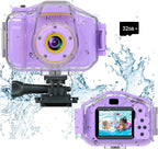 Agoigo Kids Waterproof Camera - Children Underwater HD Video Digital Camcorder, Portable Travel Toy for Toddler - Ideal Christmas Birthday Gifts for Boys Girls Age 3-12 with 32GB Card (Purple)