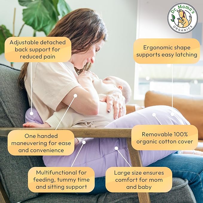 Dr. Mama's Organics Nursing Pillow with Lumbar Support - Ergonomic Design Helps Relieve Back Pain and Arm Fatigue - for Bottle and Breastfeeding - Removable Organic Cotton Cover - (Lilac)