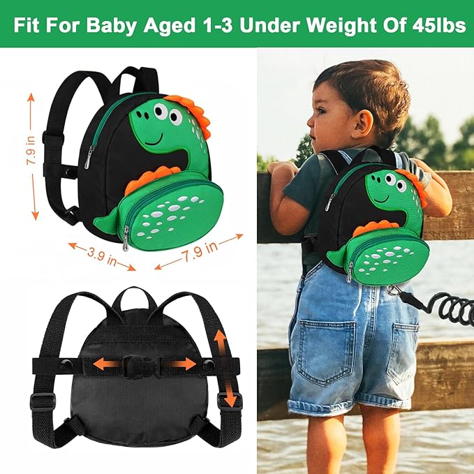 Accmor Toddler Harness Backpack Leash + Black Anti Lost Wrist Link, Cute Dinosaur Kids Backpack with Wristband Tether Strap, Mini Child Backpack Protection Leashes for Boys Girls Aged 1-3 Years