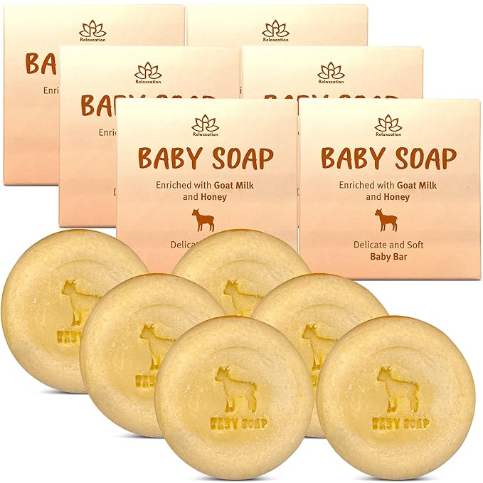 Relaxcation Organic Baby Soap Bars with Goat Milk and Honey - Naturally Cold Processed from Organic Ingredients - Handmade in USA Ideal fro Newborns, babys, Kids and Adults (Pack of 6)