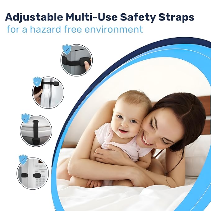 3M Adhesive Child Safety Strap Locks by Baby Proof Me, Baby Latches for Cabinets, Dishwashers, Fridges, Ovens and Trash Cans, Stain Free Toilet Lock (6 Safety Latches)