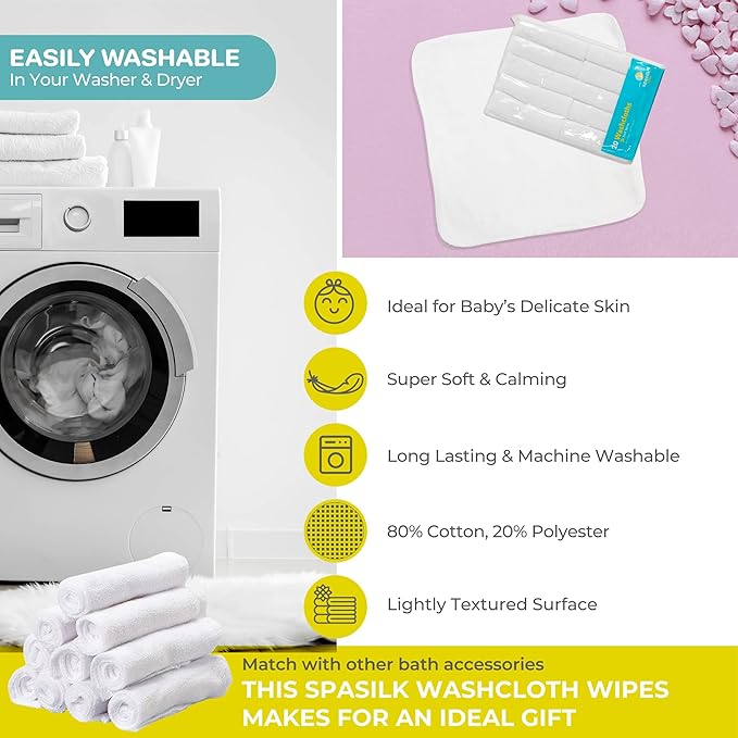 Spasilk Washcloth Wipes Set for Newborn Boys and Girls, Soft Terry Washcloth Set, Pack of 20, White