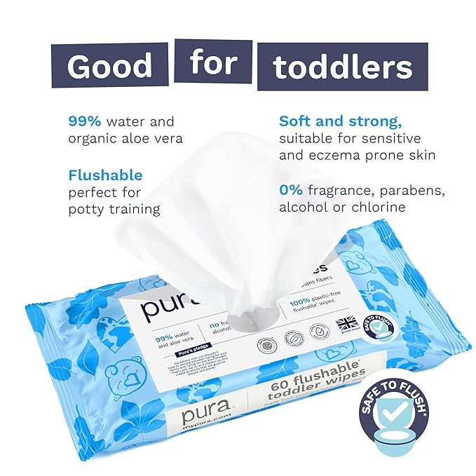 Pura Flushable Toddler Wipes 3 x 60 Wipes (180 Wipes), 100% Plastic Free, 99% Water, Hypoallergenic & Fragrance Free, Totally Chlorine Free, Kids Toilet Wipes, Potty Training