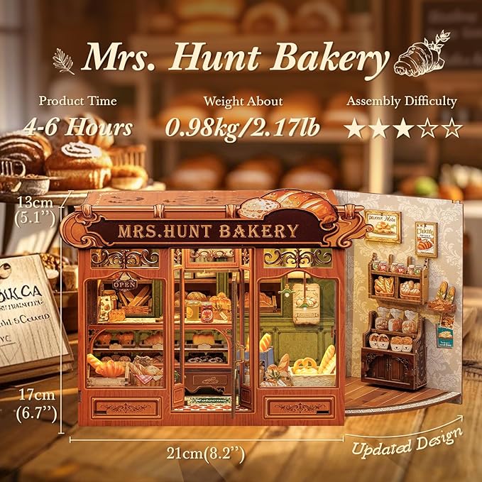 CUTEBEE Book Nook Kit - DIY Miniature House Bakery Dessert Shop Dollhouse Kit for Adults, Booknook Tiny House Bookshelf Decor 3D Wooden Puzzle, Gifts for Family, Friends (Mrs.Hunt Bakery)