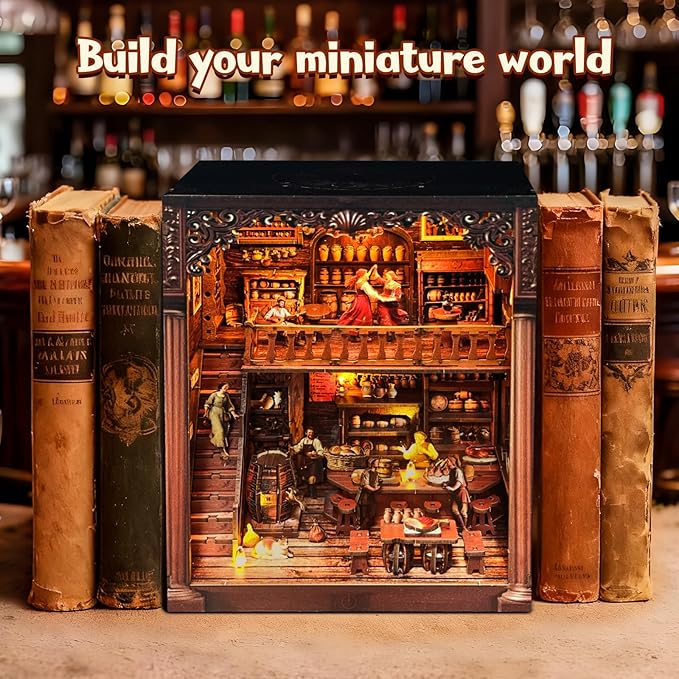DIY Miniature House Kit, Book Nook Kit, 3D Wooden Puzzles Bookshelf Craft Kits, Dollhouse Kit with LED Light, Mini Building Kit for Adults Teen to Build (Old Time Tavern)