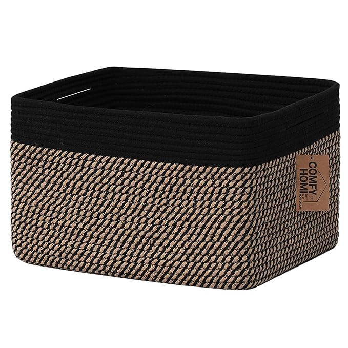 COMFY-HOMI Cotton Rope Woven Basket with Handles for Shelves,Toys,Book, Cloth Storage Baskets Bin for Organizing-13.5"x11"x9.5" Toy Decorative Organizer for Living Room, Bathroom-Black/Jute