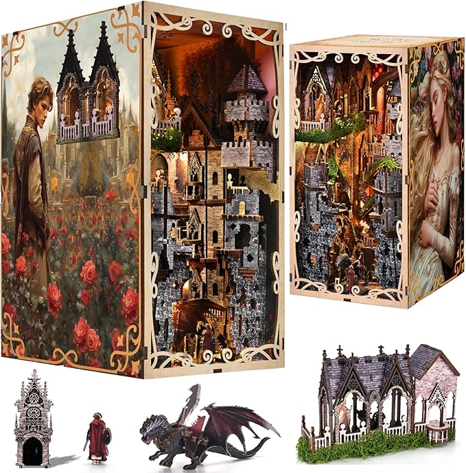 Book Nook Kit - DIY Miniature House 3D Wooden Puzzle for Adult and Teens, Booknook Bookshelf Decor Scale Model Build with LED Light, Gifts for Family and Friends (Sleeping Beauty)