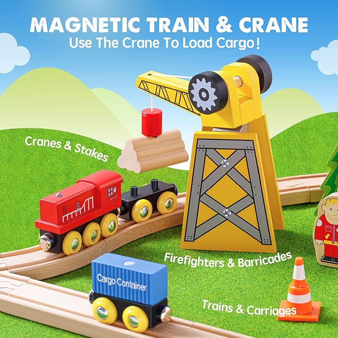 Tiny Land 55PCS Wooden Train Set - Compatible with Major Brand Tracks, Educational Toy for Toddlers & Kids Ages 3-7, Durable Wooden Railway Tracks