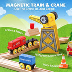 Tiny Land 55PCS Wooden Train Set - Compatible with Major Brand Tracks, Educational Toy for Toddlers & Kids Ages 3-7, Durable Wooden Railway Tracks