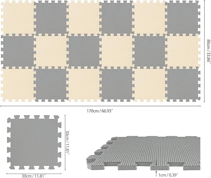 qqpp EVA Rubber 18 Tiles Interlocking Puzzle Foam Floor Mats - Baby Play Mat for Playing | Exercise Mat for Home Workout. Beige, Gray. QC-JLb18N