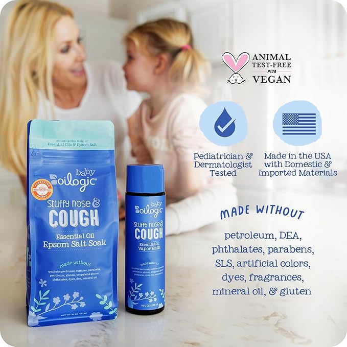 Oilogic Baby Stuffy Nose & Cough Power Bundle with Vapor Bath Relief & Epsom Salt Soak - Baby Bath Essentials - Made with Blended Essential Oils