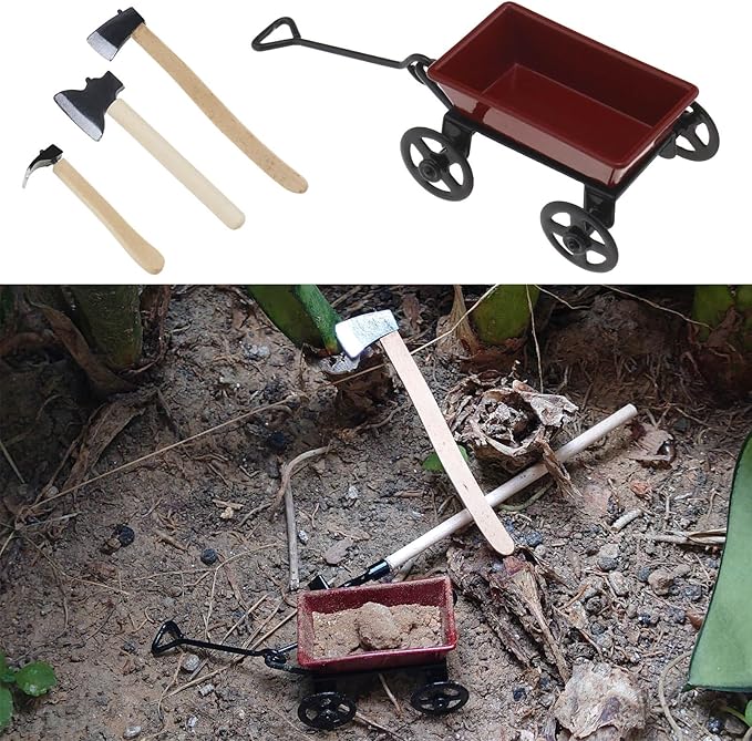 SG Store 11Pcs 1:12 Dollhouse Working Accessories Dolls House Miniature Garden Set Shovel Rake and Spade Watering Can Pulling Cart Mini Cart Garden Tools