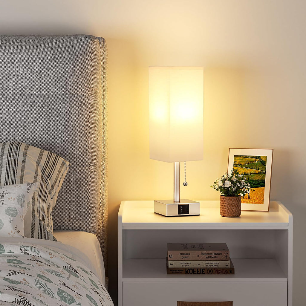 aooshine White Small Table Lamp for Bedroom - 3 Color Temperature 3000K 5000K 4000K Bedside Lamp, Pull Chain Control, USB A and C Ports, Light Gold Base, Bulb Included
