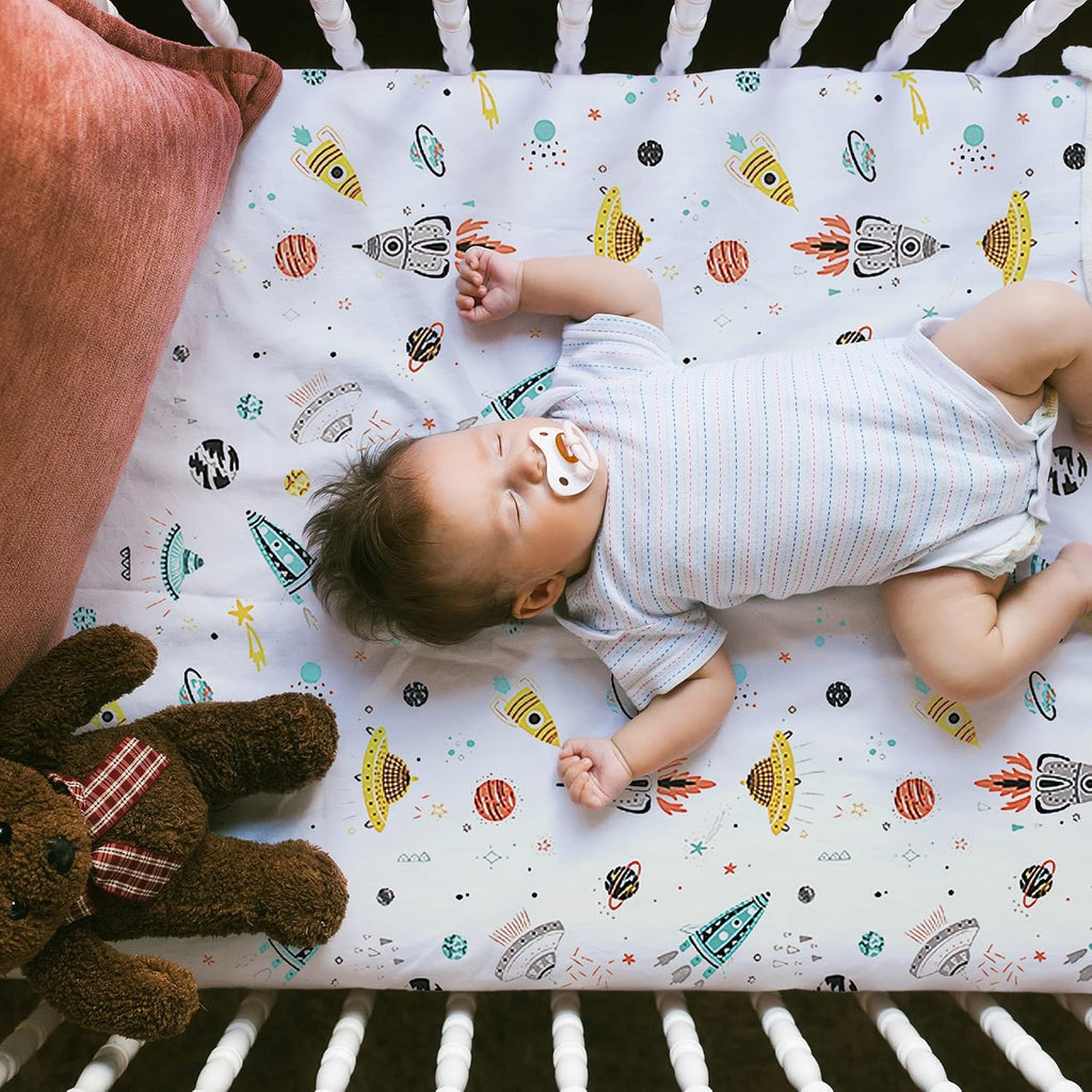 Astronaut Space Galaxy Baby Crib Sheet Outerspace Adventures 100% Soft Breathable Microfiber Baby Sheet Fits Standard Size Crib Mattress 28in x 52in Nursery Sheet -by UOMNY