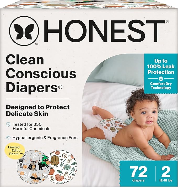 The Honest Company Clean Conscious Diapers for Delicate Skin | Up to 100% Leakproof | Hypoallergenic, Fragrance Free | Fall '25 Limited Edition Prints | Club Box, Size 2 (12-18 lbs), 72 Count