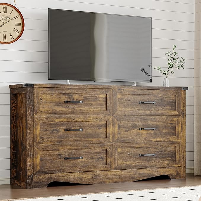 6-Drawer Dresser for Bedroom, Modern Wooden Chest of Drawers with Metal Handles, Anti-Tipping Design, Sturdy and Stable Storage Organizer for Living Room, Entryway, Home Office