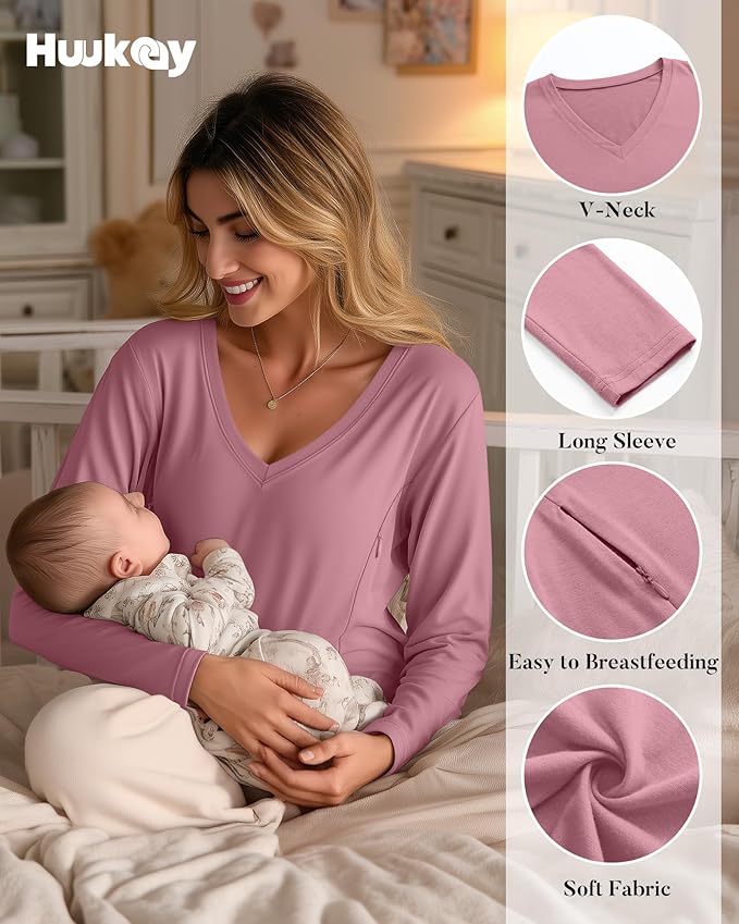 Huukeay 3 Pack Women's Long Sleeve Nursing Tops, Breastfeeding Hidden Zippers Shirts V Neck Maternity Pregnancy Tees Clothes