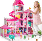 DIY Dolls House for Girls - 4-Level 10-Room Villa with 2 Dolls, 4 Dogs & Rich Accessories, DollsHouse Toys for Kids 4-8 Years Old