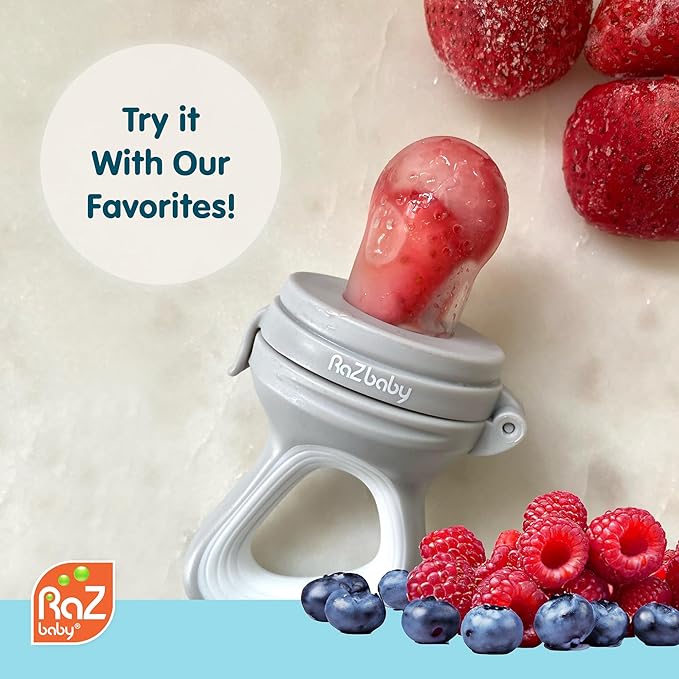 RaZbaby Baby Solids/Frozen Fruit Feeder Pacifier, Infant Teether Toy 6M+, BPA-Free, Safely Introduce Solids, Natural Teething Relief, Dishwasher Safe, Freezable – Grey & Tan 2-Pack
