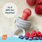RaZbaby Baby Solids/Frozen Fruit Feeder Pacifier, Infant Teether Toy 6M+, BPA-Free, Safely Introduce Solids, Natural Teething Relief, Dishwasher Safe, Freezable – Grey & Tan 2-Pack