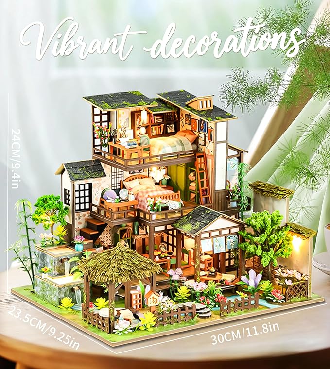 Spilay Miniature Dollhouse Miniature House Kit,DIY Kit Mini Modern Villa Model with Music Box ，Best Christmas Birthday Gift.(Bamboo Spring Courtyard)