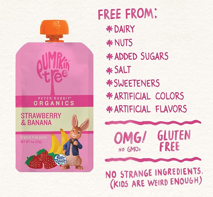 Pumpkin Tree Peter Rabbit Organics Strawberry and Banana Pure Fruit Snack, 4 Ounce (Pack of 10)