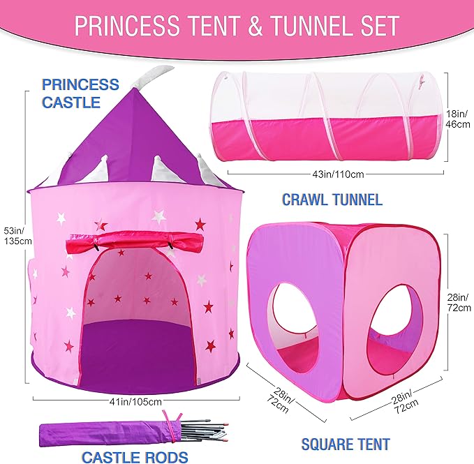 Princess Play Tent Set with Dress Up Tunnel, Castle Playhouse - Glow in The Dark Stars, Birthday Gift for Girls Age 3-7