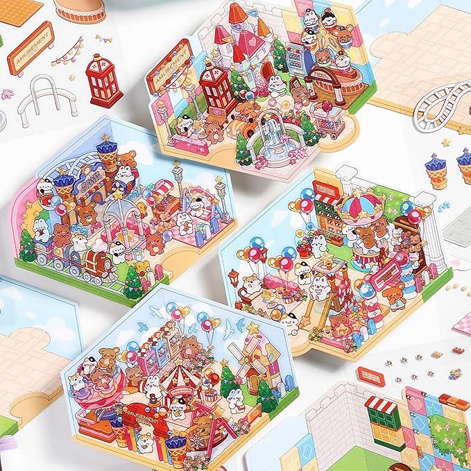 DIY 3D House Stickers, Cute 3D Cartoon Scene for Adult Kids Relief Stress Pass The Time,Cute Make Your Own House Stickers for Gifts Paint by Sticker.(4 Set)