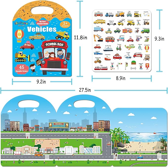 Reusable Sticker Books for Toddlers 1-3, Jelly Sticker Books for Kids 2-4, Vehicle Stickers for Kids