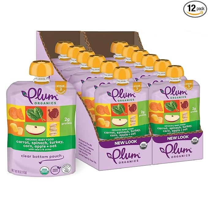 Plum Organics Stage 3 Organic Baby Food - Carrot, Spinach, Turkey, Corn, Apple, and Oat - 4 oz Pouch (Pack of 12) - Organic Baby Food Pouch