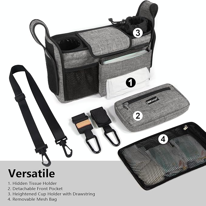 TOPDesign Universal Baby Stroller Organizer, Stroller Caddy with Detachable Mesh Bag & Heightened Insulated Cup Holders & Non-Slip Secure Hooks Accessories, Fits Most Strollers (Grey)