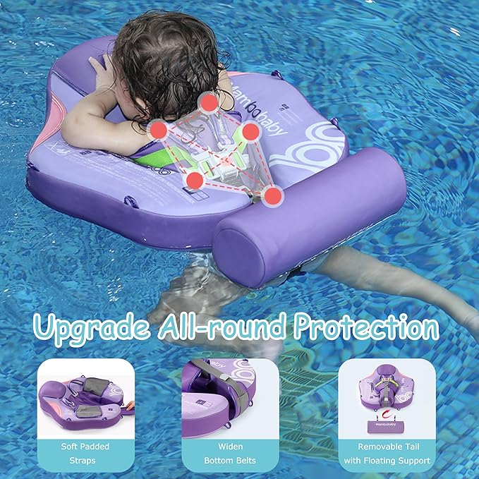 Mambobaby Float Baby Float with Canopy & Tail Non-Inflatable Infant Pool Floats Adjustable Safety Strap Toddler Swim Trainer (Purple)