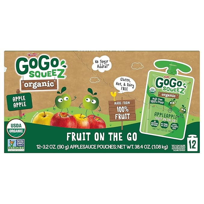 GoGo squeeZ Organic Applesauce and Fruit Puree, Apple Apple, 3.2 oz (Pack of 12), Unsweetened Organic Fruit Snacks for Kids, Gluten Free, Nut Free and Dairy Free, Recloseable Cap, BPA Free Pouches