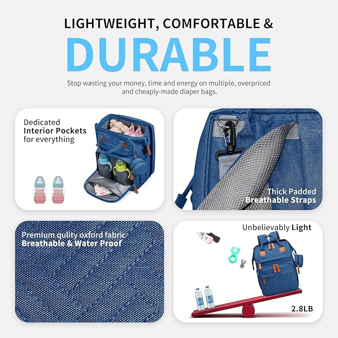 KABAQOO Diaper Bag Backpack with Detachable Changing Station, Large Capacity Baby Diaper Bags for Boys & Girls, Baby Registry Search Stuff & Shower Gifts, Newborn Essentials Must Haves, Blue