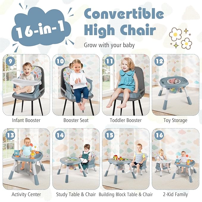 KOTEK 16 in 1 Convertible High Chair, Baby Highchair & Activity Center with Toys, Booster Seat, Building Block Table, Toddler Chair with 5-Point Harness, Removable Tray & Cushion (Blue)