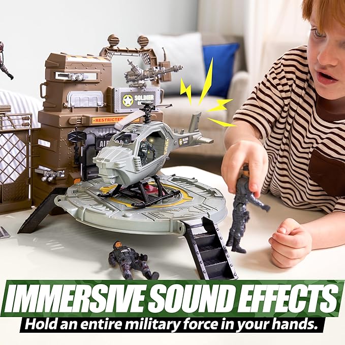 SYNCFUN Military Toy Set with Army Base, Vehicles, Action Figures & Weapon Accessories, Helicopter with Light & Sound - Christmas Birthday Gift for Kids Boys Girls