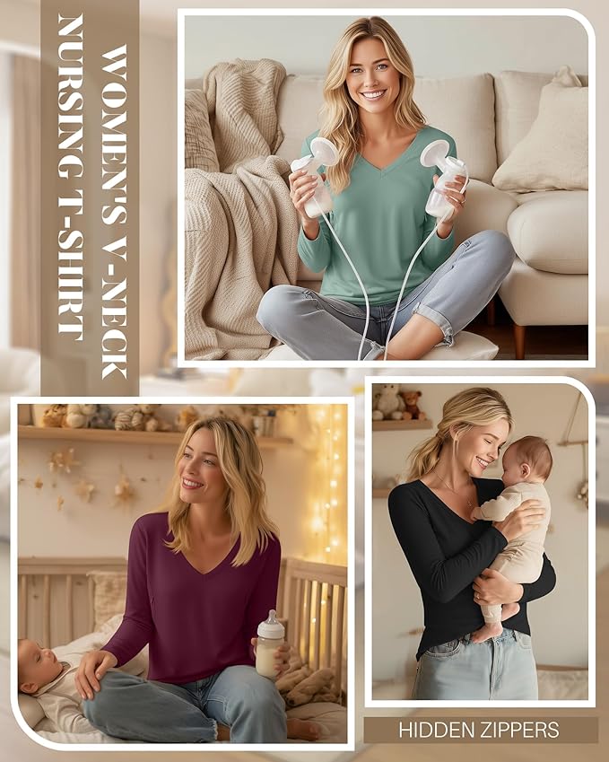 Huukeay 3 Pack Women's Long Sleeve Nursing Tops, Breastfeeding Hidden Zippers Shirts V Neck Maternity Pregnancy Tees Clothes
