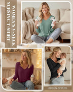 Huukeay 3 Pack Women's Long Sleeve Nursing Tops, Breastfeeding Hidden Zippers Shirts V Neck Maternity Pregnancy Tees Clothes