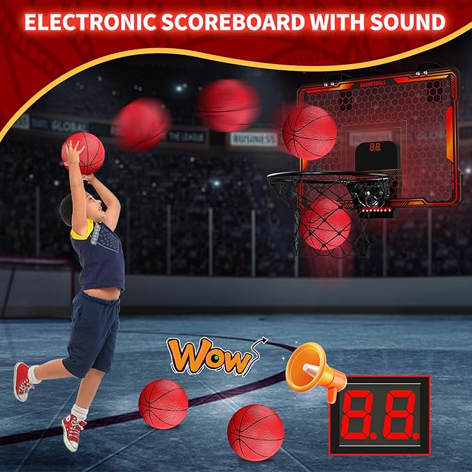 Mini Basketball Hoop Indoor with 7 LED Lighting, Scoreboard, 3 Modes, Volume Adjustable, Over Door Basketball Hoop Foldable, Basketball Toys for Kids Adults Gifts (Red)