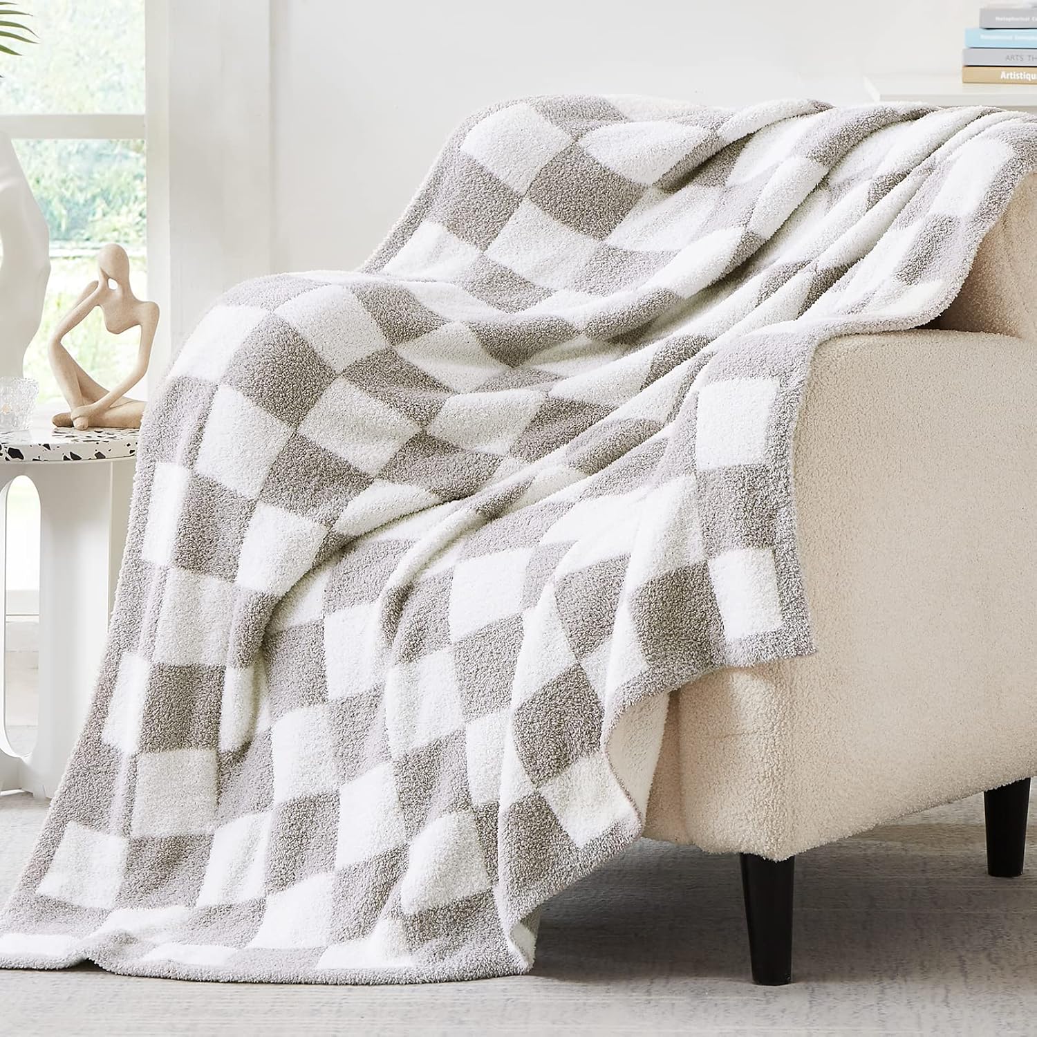 WRENSONGE Checkered Throw Blanket, Light Grey Soft Cozy Fluffy Warm Hand Made Throw Blankets for Couch, Sofa, Chair, Bed, Camping, Picnic, Travel Lightweight Bed Blanket - 60 * 80