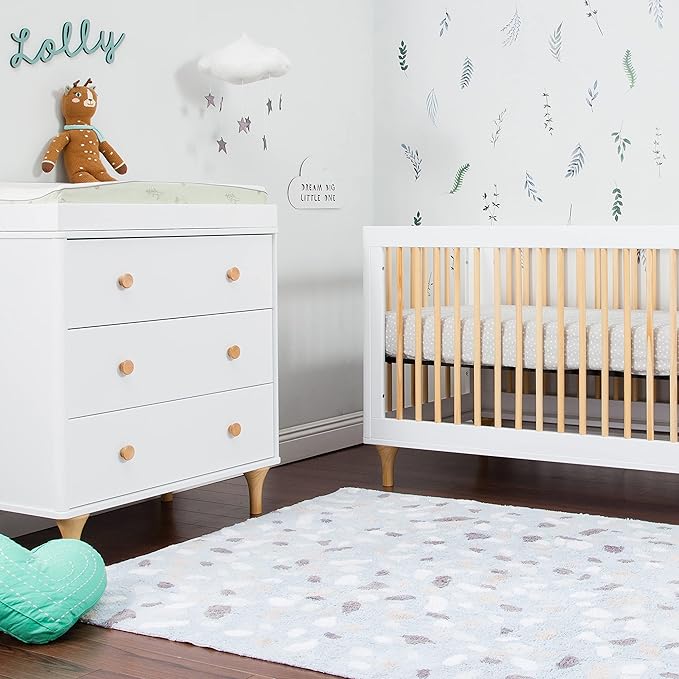 Babyletto Lolly 3-Drawer Changer Dresser with Removable Changing Tray in White and Natural, Greenguard Gold Certified
